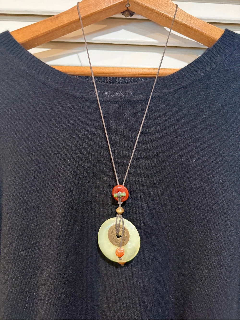 Vintage Chinese Jade Bi Disc & I-Ching Coin Talisman Pendant Necklace